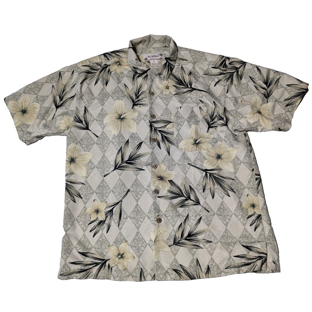 SUMMA Men Medium Silk Khaki Geo‎ Floral AOP Button-Up Hawaiian Camp Shirt